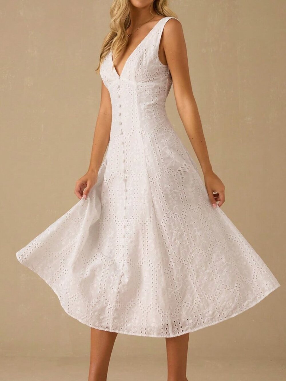 White Elegant Women's Holiday Floral Eyelet V-Neck Sleeveless Dress - Picture 3 of 7